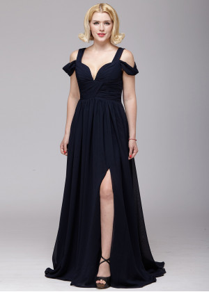Cold Shoulder Navy Blue Chiffon Slit Long Prom Dress